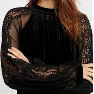 Free People Dream Team Velvet l/ Lace Whimsigoth Black XS Blouse